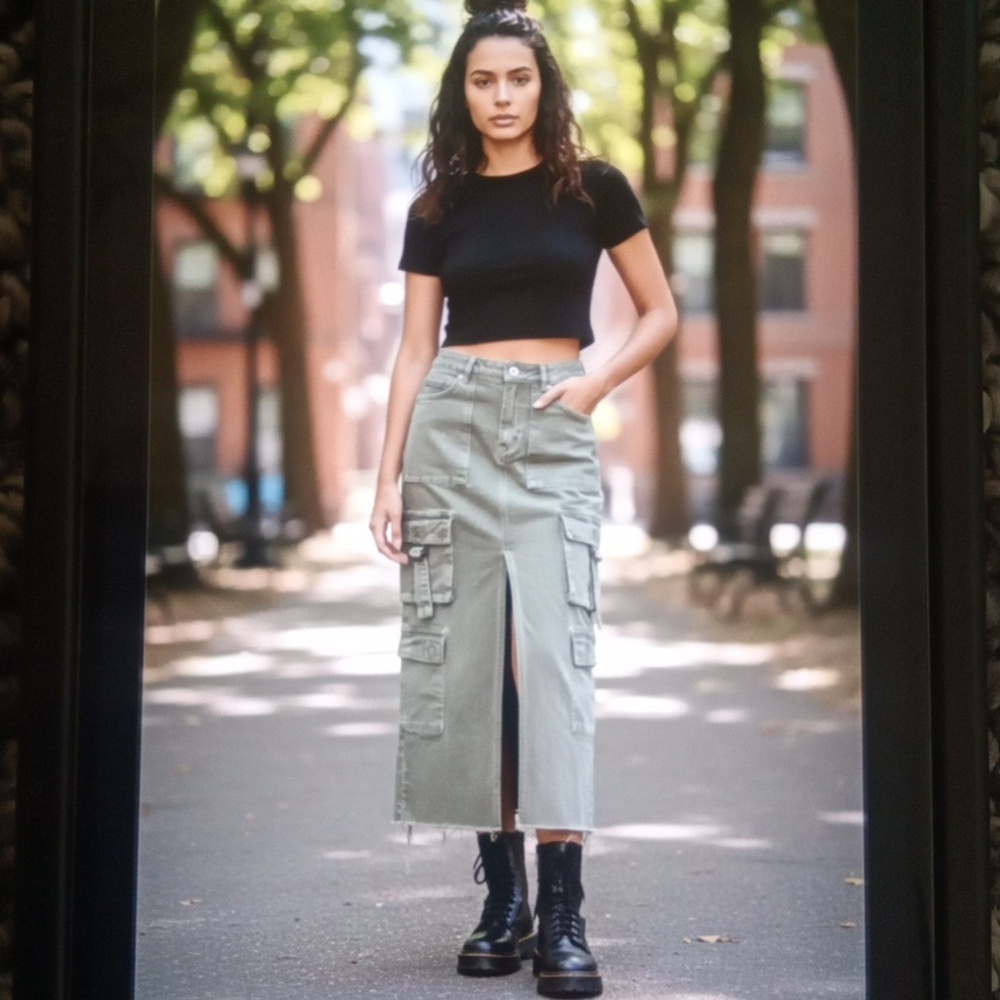 PacSun Olive Green Cargo Midi Skirt Utility Streetwear Flirty Womens Xs